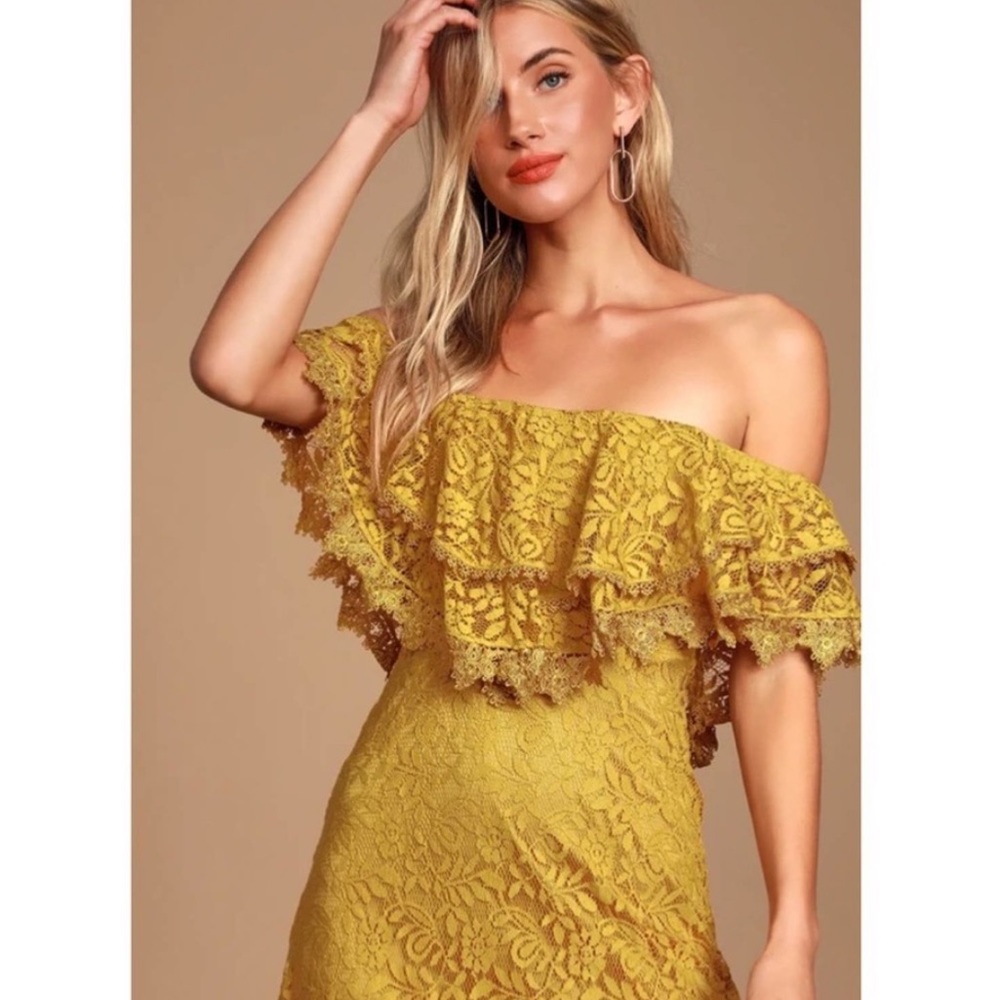 Lulu’s Jaclyn Golden Yellow Mustard lace Off-the-shoulder midi dress